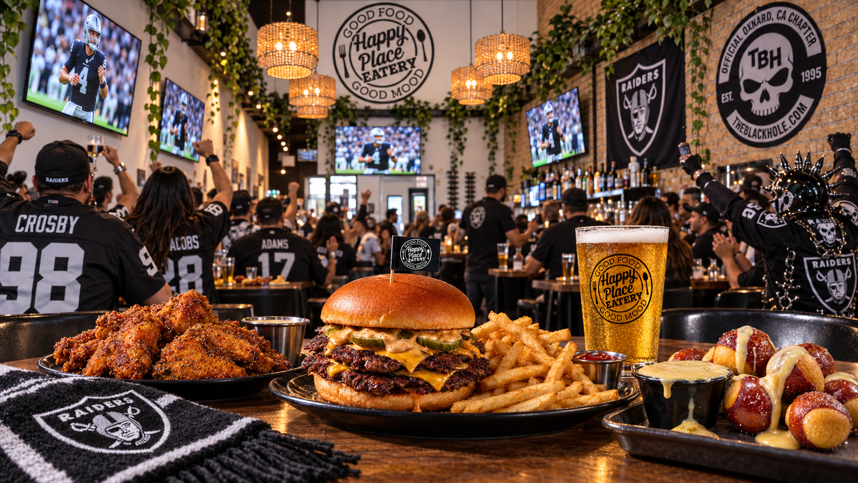 Happy Smash burger, wings, pretzel bites and a cold beer on game day