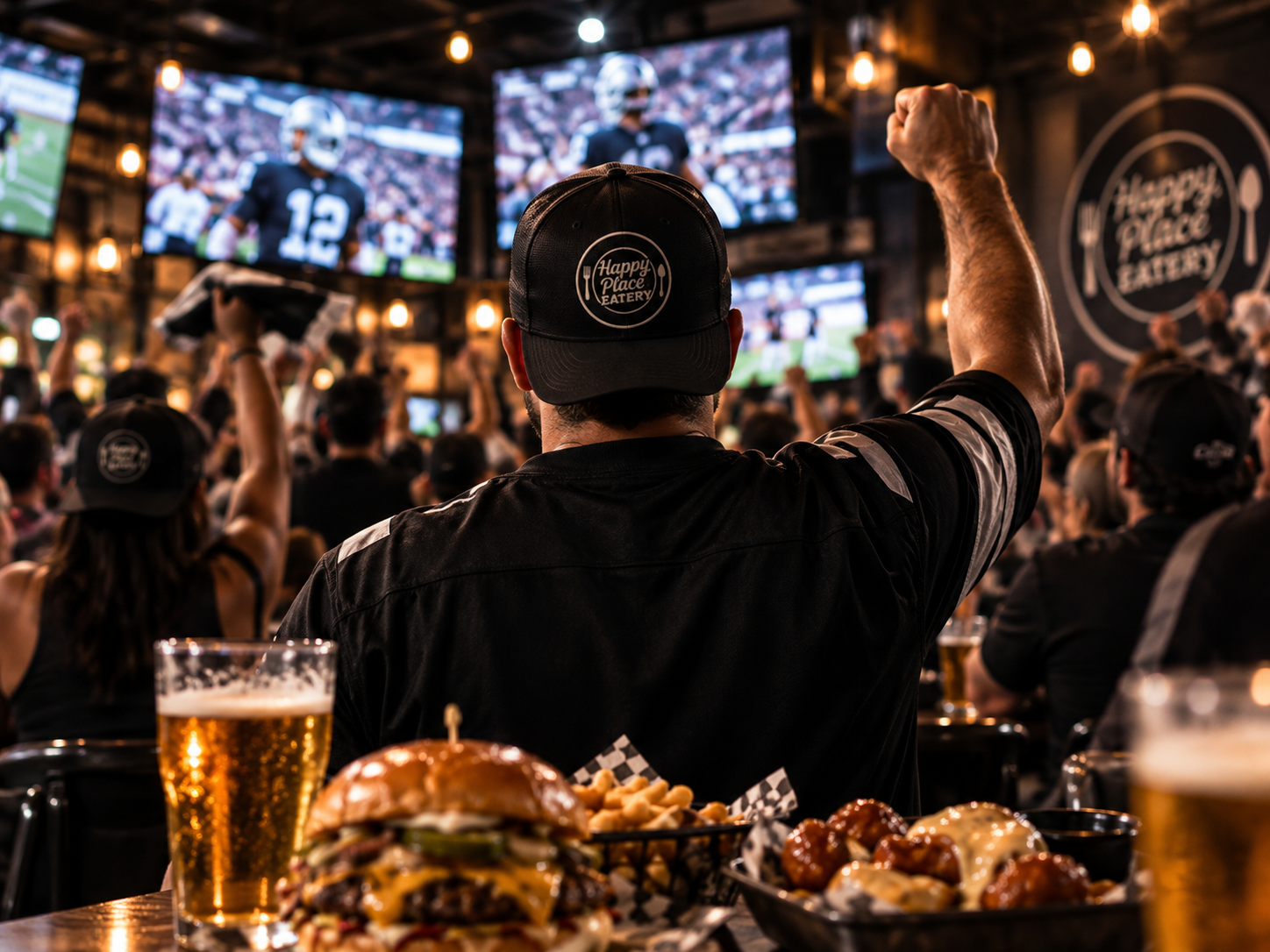 Raiders fan celebrating at Happy Place Eatery