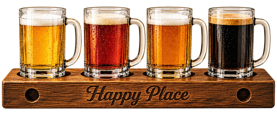 The Happy Flight, four 5 oz craft beer pours on a Happy Place board in Downtown Ventura